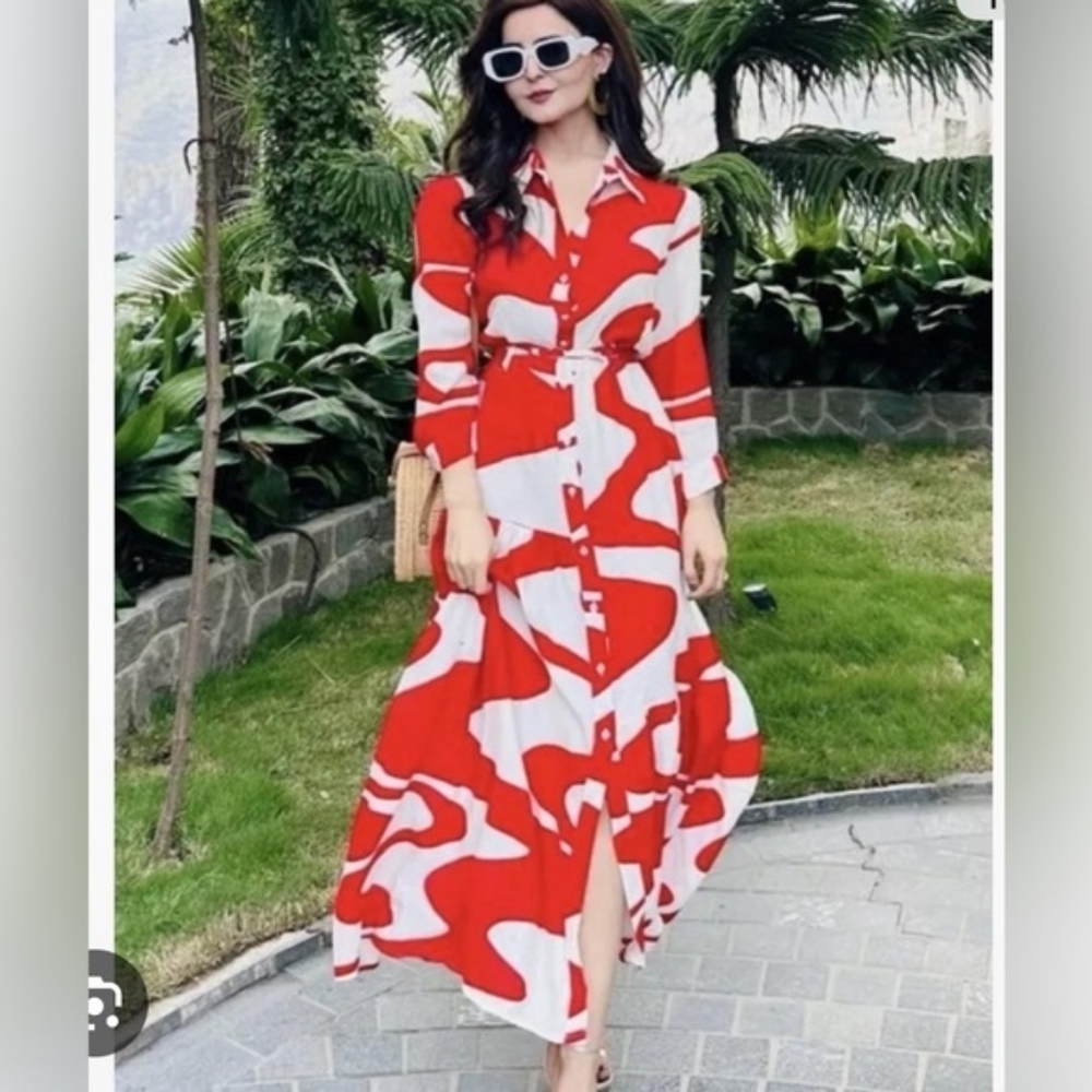 Zara zw Collection Printed midi dress red ecru BNWT